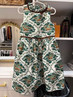 Janie and Jack White Dress with Green Foliage and Brown Horse Print